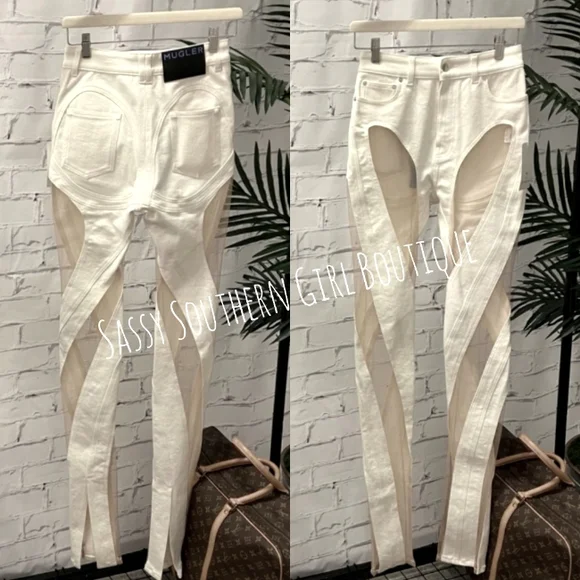 ⭐🆕MUGLER jeans ivory tan sheer panel mesh jeans